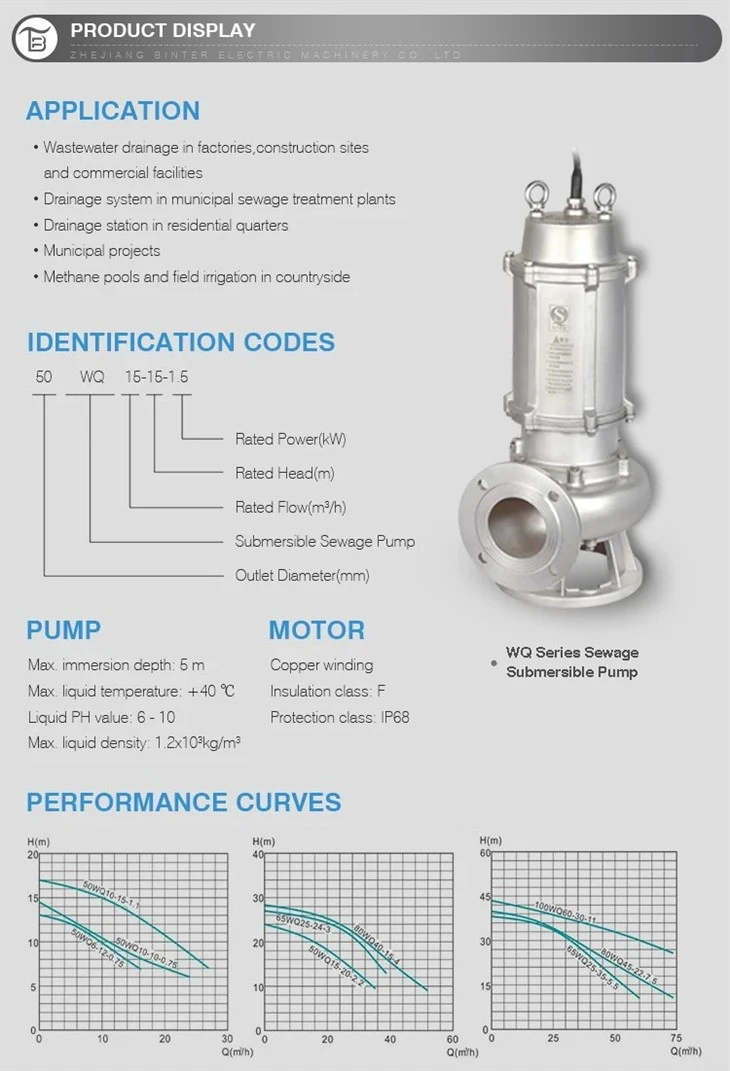 50WQ10-10-0.75S Submersible Stainless Steel Sewage Drainage Water Pump