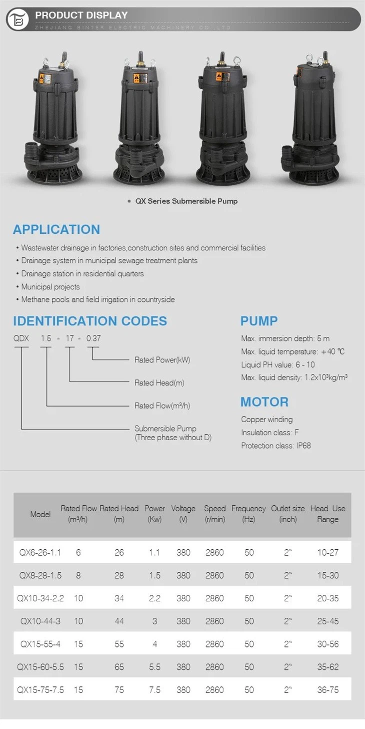 Electric 50QX10-34-2.2 Submersible Drainage Pumps Clean Water Pump High Pressure Sewage Agricultural Pump
