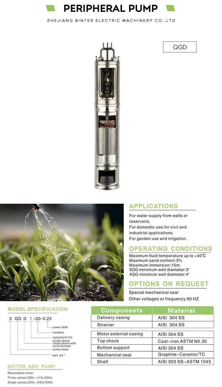 Série QGD de pompe à eau propre submersible de puits profond de vis de l'acier inoxydable 0.5HP pour l'irrigation d'agriculture